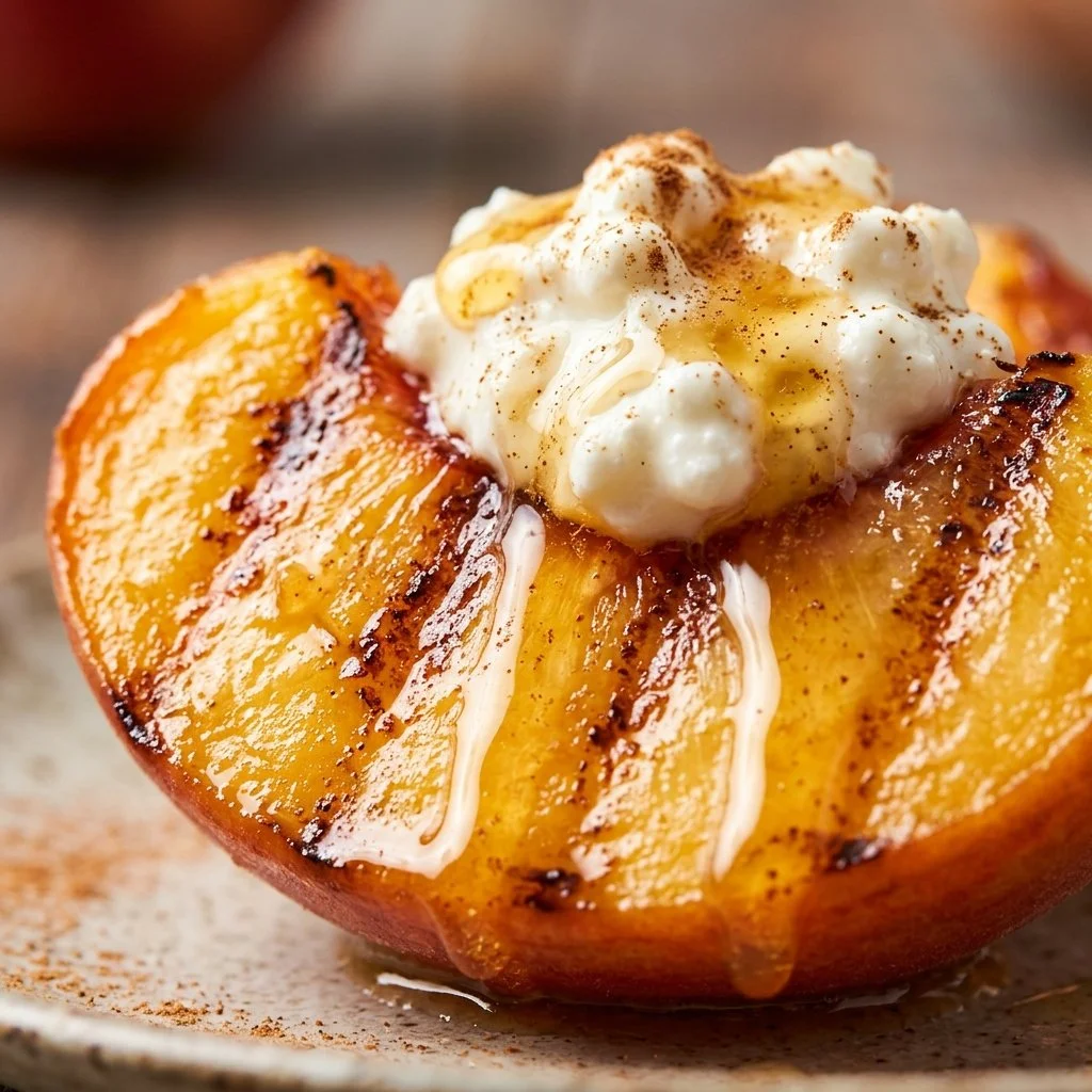 Delicious grilled peaches served with cottage cheese on a plate