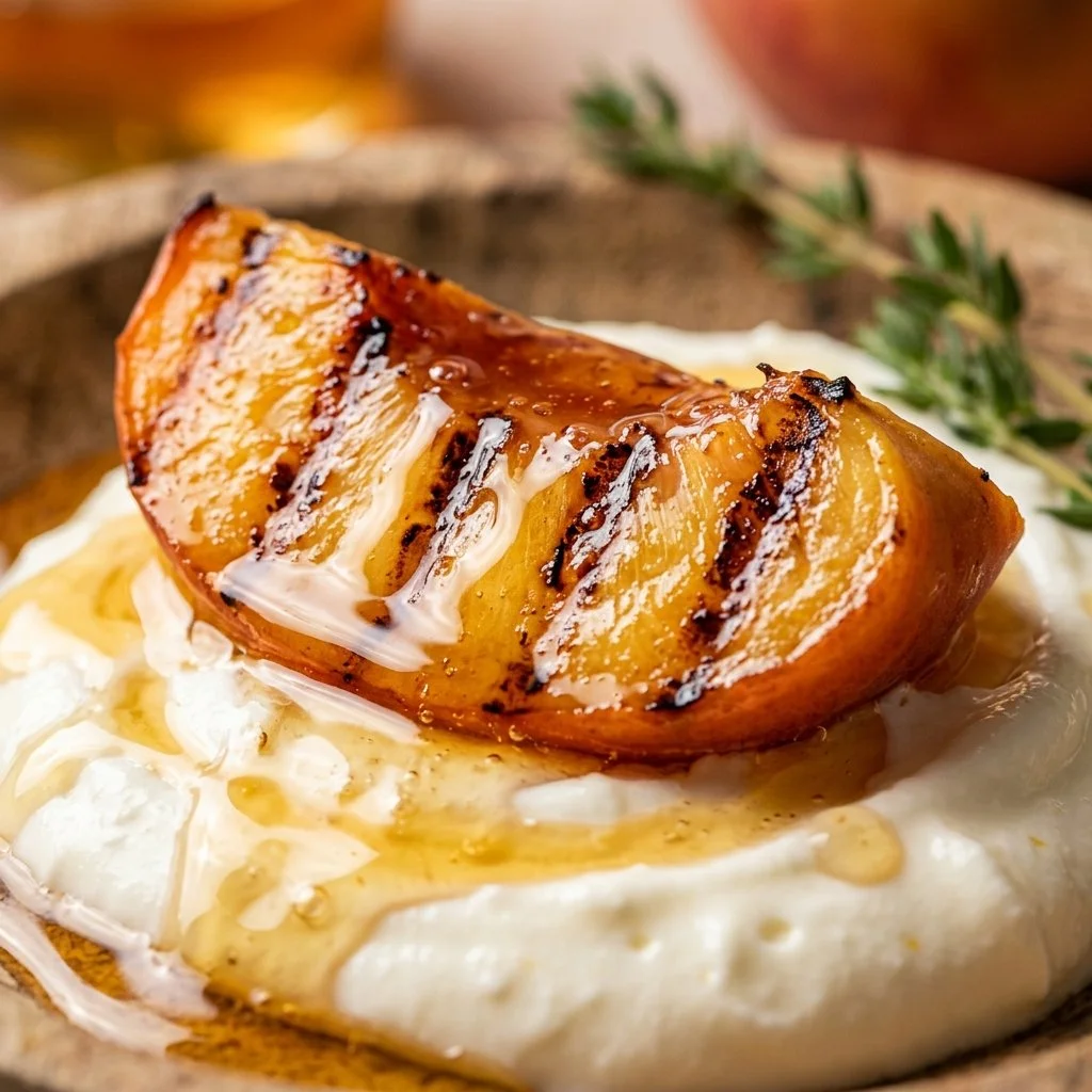 Grilled peaches served with Greek yogurt and drizzled honey on a plate