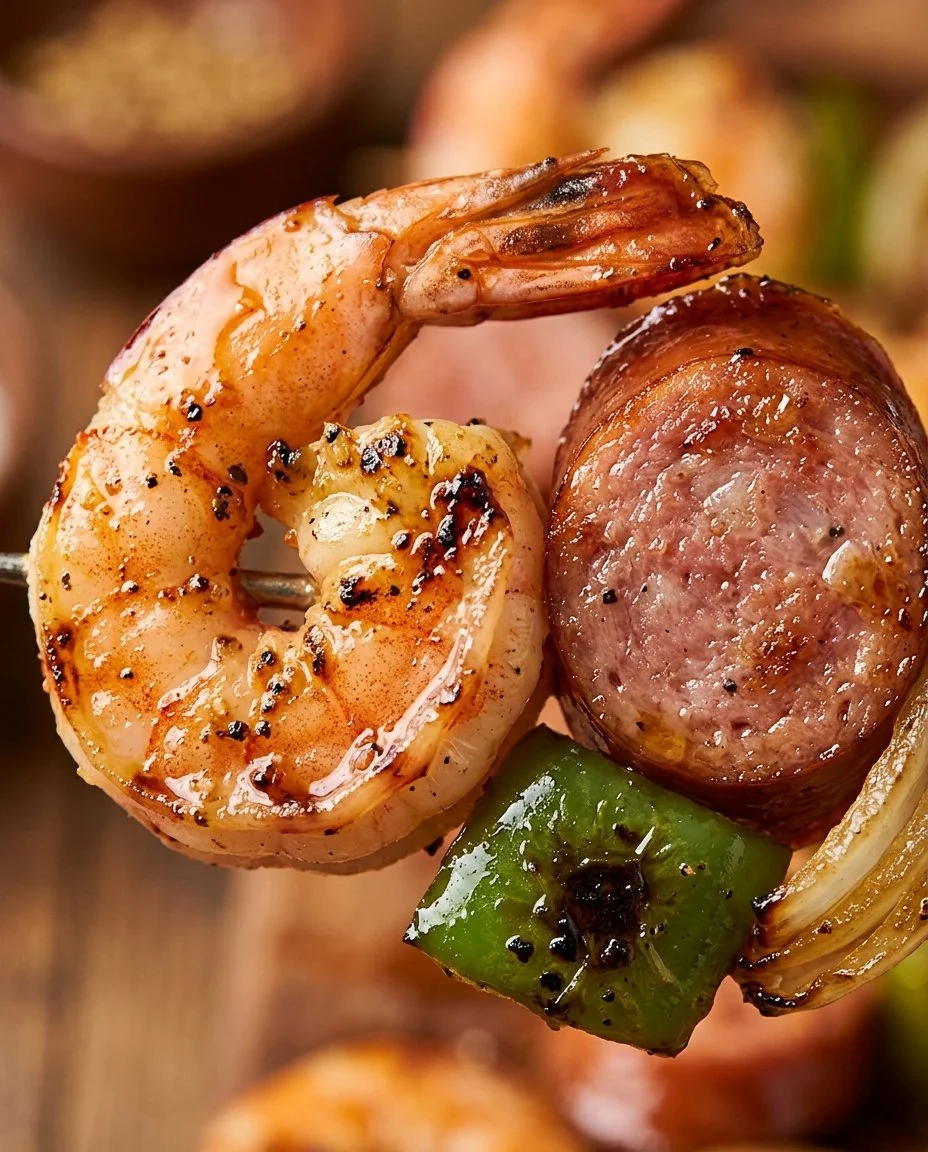 Delicious grilled shrimp skewers with sausage on a barbecue grill