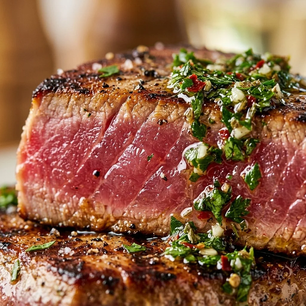 Grilled tuna steaks served with chimichurri sauce on a plate