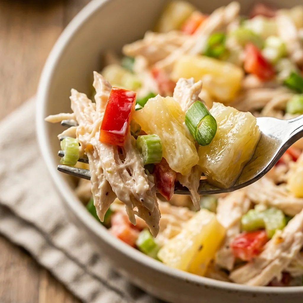 A colorful bowl of Hawaiian Chicken Salad with pineapple, chicken, and greens.