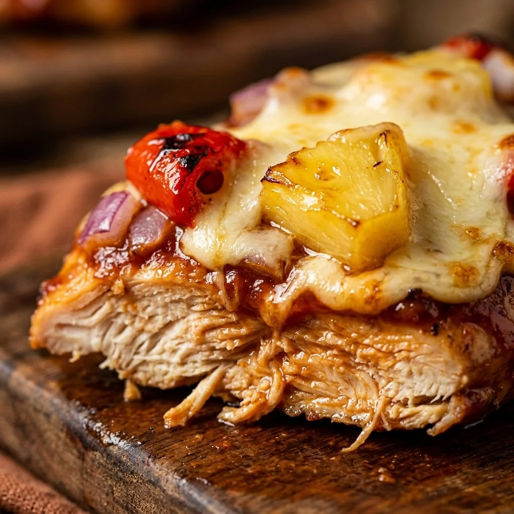 Hawaiian Pizza chicken meal prep dishes featuring pineapple and cheese.