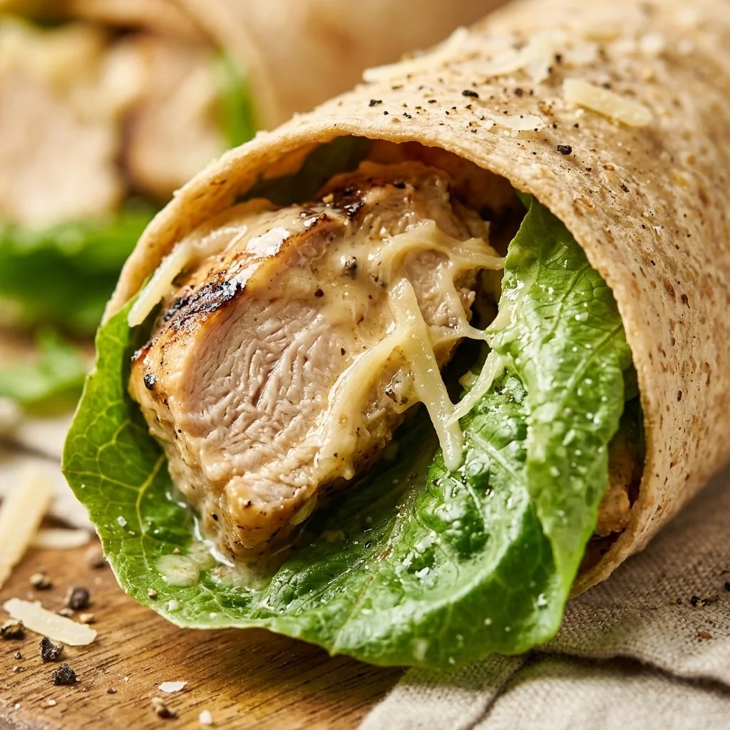 High-protein chicken caesar wrap filled with fresh ingredients and Caesar dressing.