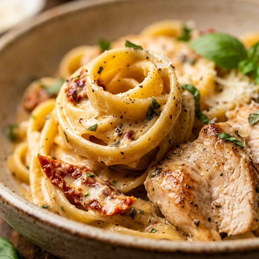 Creamy Tuscan Chicken Pasta with fresh herbs and protein-rich ingredients
