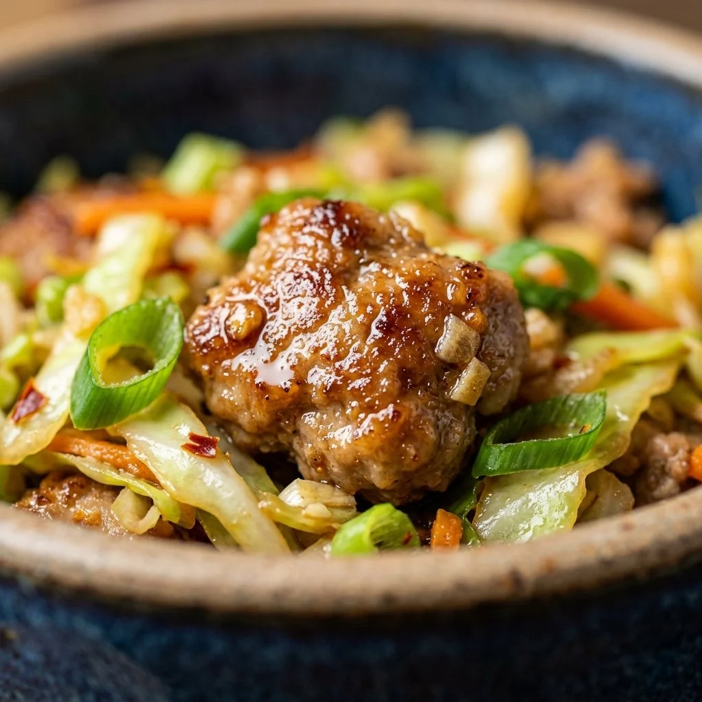 High-protein egg roll bowl featuring fresh vegetables and flavorful seasonings