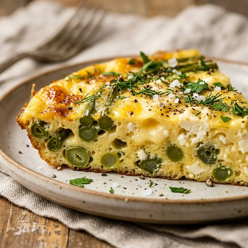 High-protein garlic scapes frittata topped with fresh herbs on a plate