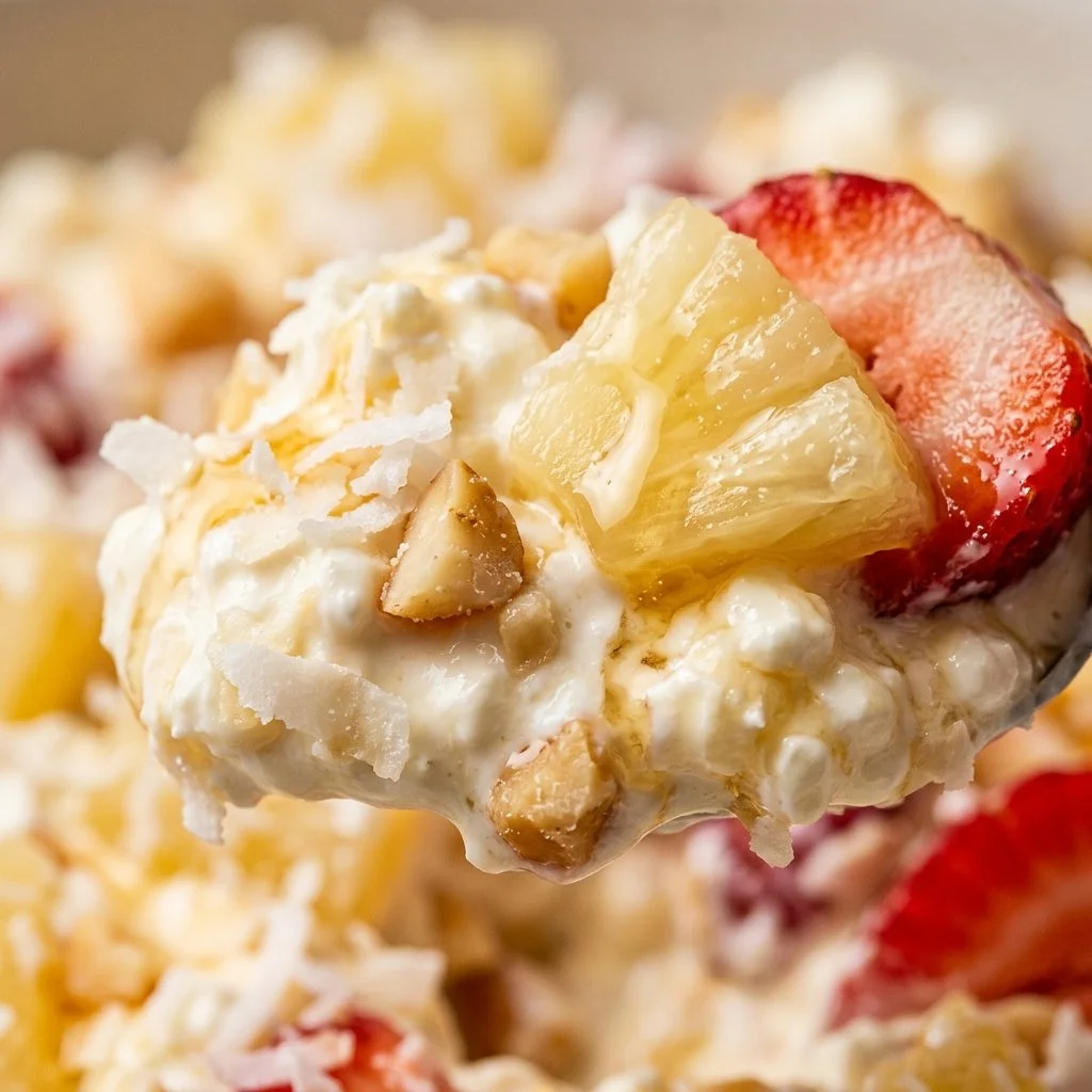 High Protein Hawaiian Cheesecake Salad garnished with fresh fruits and nuts