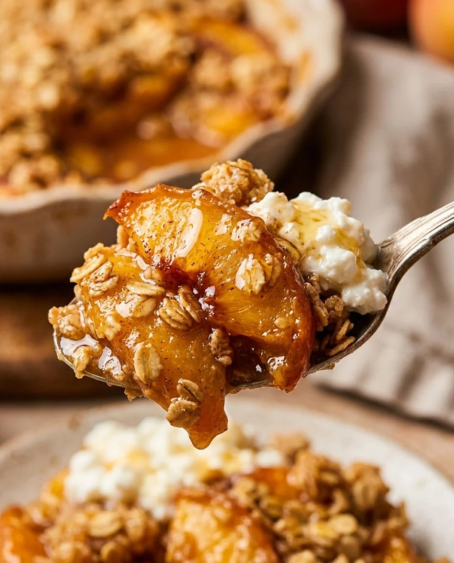 High-Protein Peach Cobbler topped with fresh peaches and cottage cheese.