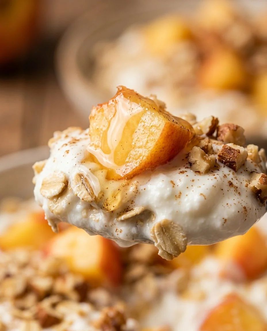 High-protein peach crisp overnight oats in a bowl with fresh peaches on top.