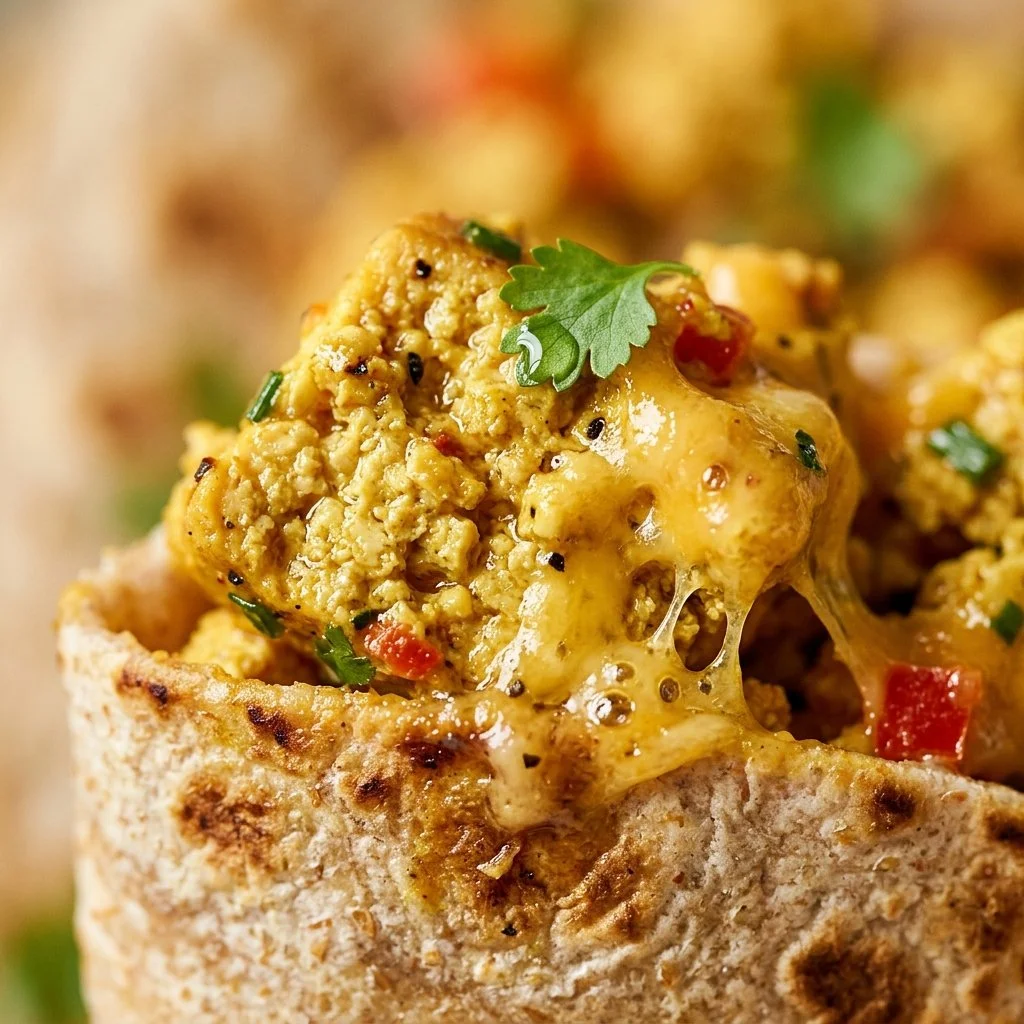 High-protein tofu scramble wrap filled with vegetables and spices
