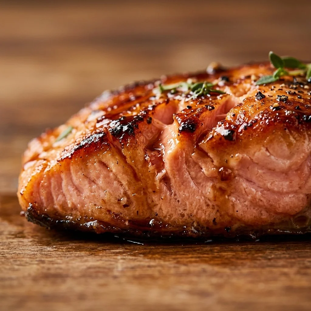 Honey Chipotle Grilled Salmon fillet garnished with herbs.