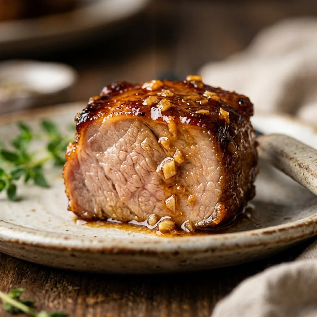Honey Garlic Pork Tenderloin plated with a garnish of herbs and sauce