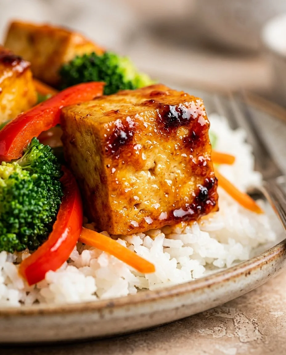 Honey Sriracha Tofu Bowls with colorful vegetables and rice