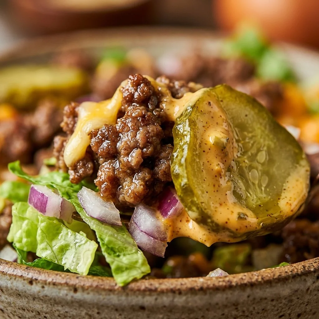 Delicious Keto Big Mac Salad Bowl topped with fresh ingredients