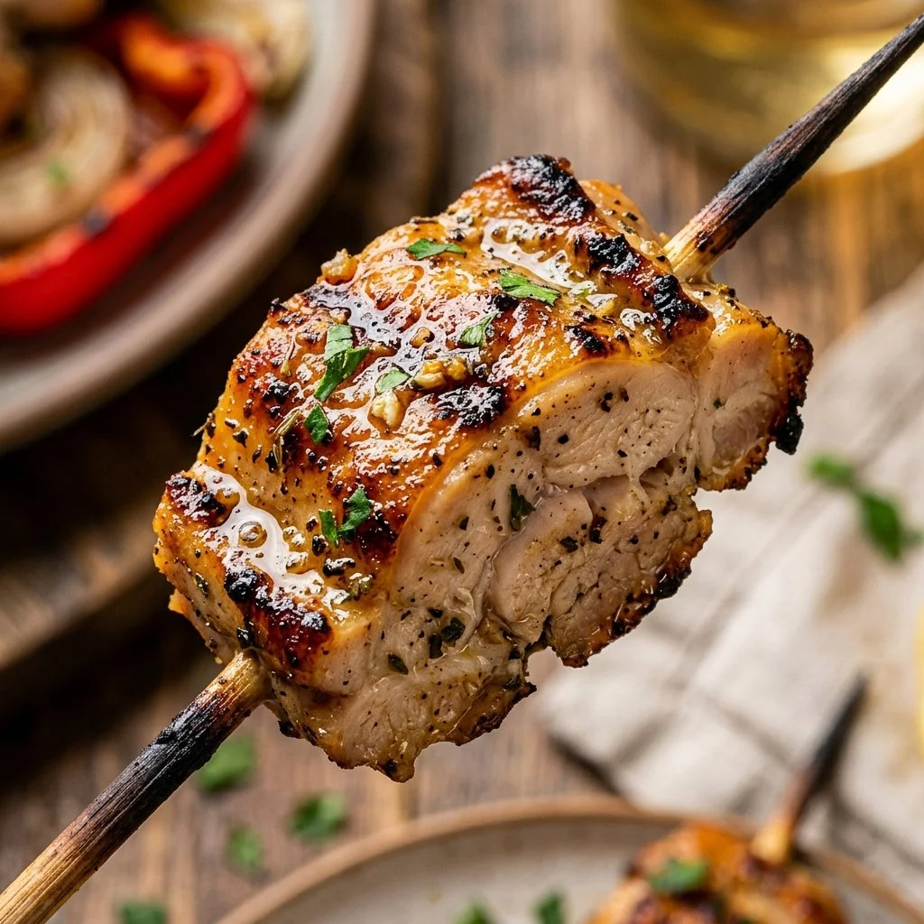Lemon garlic grilled chicken skewers on the grill.