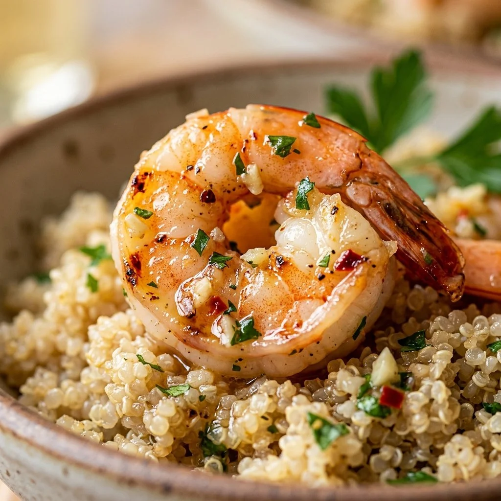 Plate of Lemon Garlic Shrimp served with quinoa and garnished with parsley
