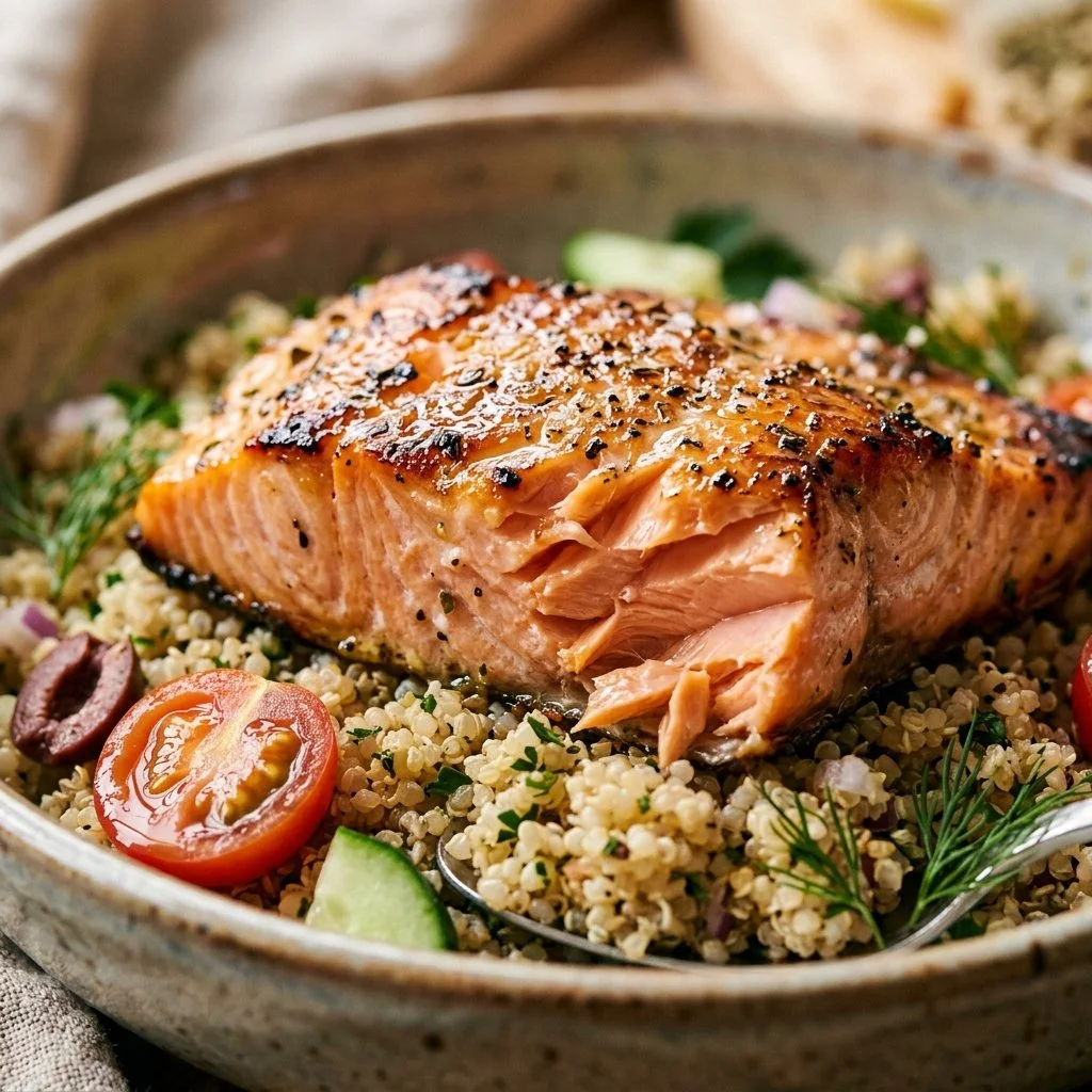Mediterranean Salmon Quinoa Bowl topped with fresh vegetables and herbs