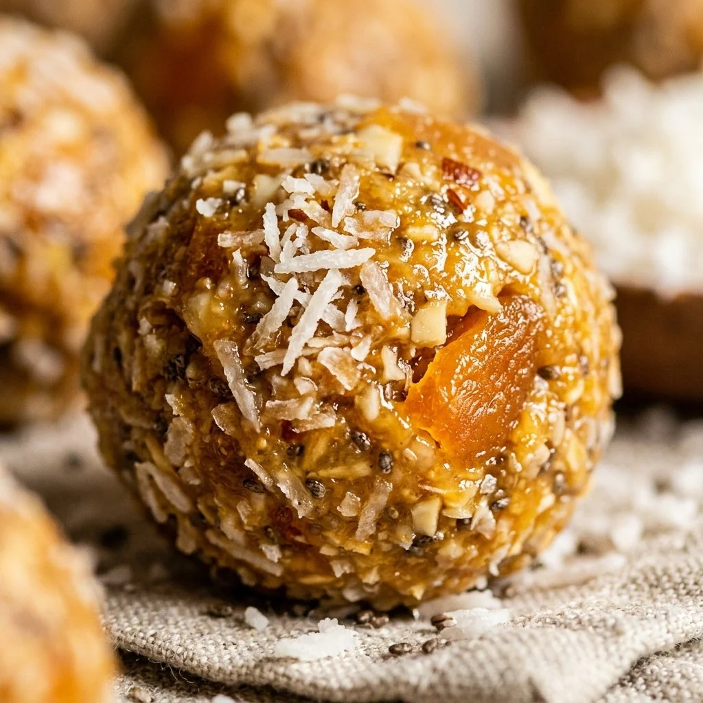 No-bake apricot protein energy balls on a plate, showcasing a healthy snack option.