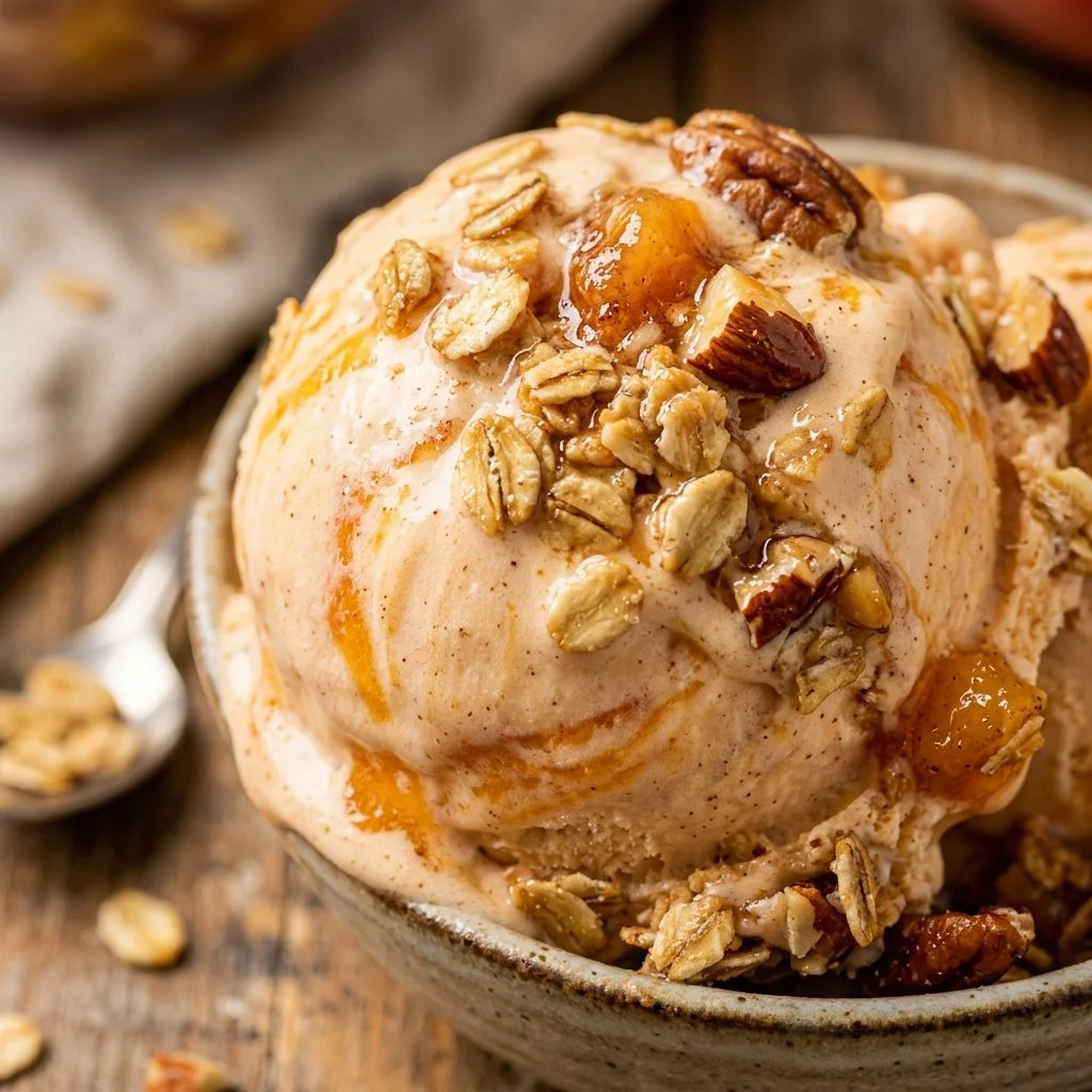 Creamy Peach Crisp Protein Ice Cream served in a bowl with peaches and granola