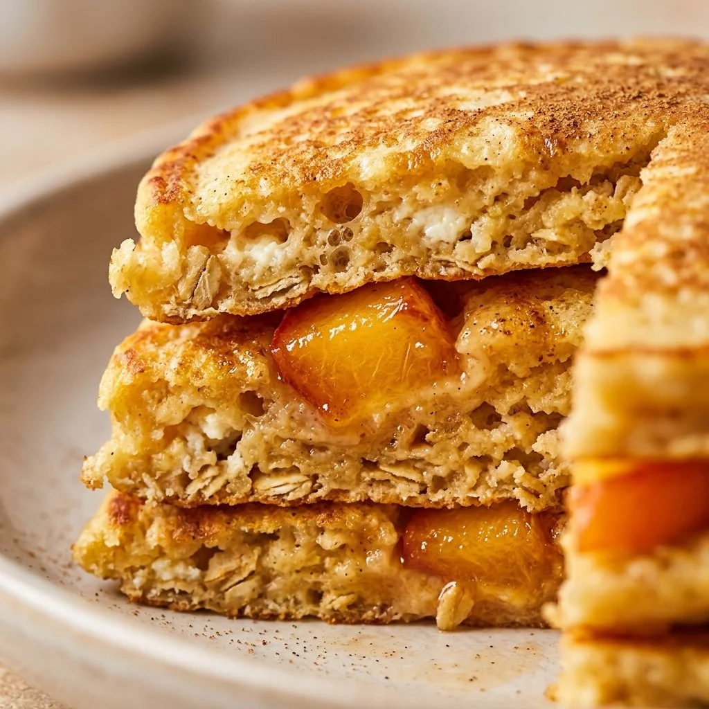 Delicious Peach Crisp Protein Pancakes served with fresh peaches and syrup