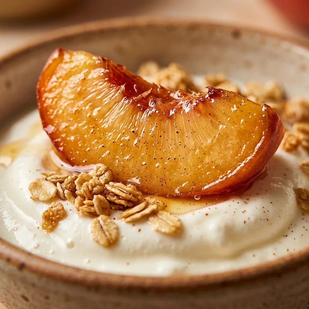 Delicious Peach Protein Yogurt Bark topped with crumble on a plate.