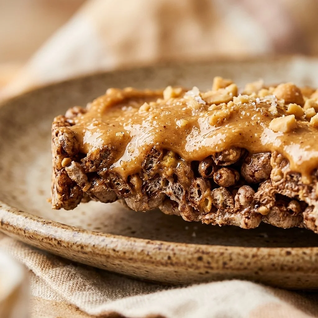 Peanut Butter Protein Rice Cakes topped with creamy peanut butter and chocolate drizzle