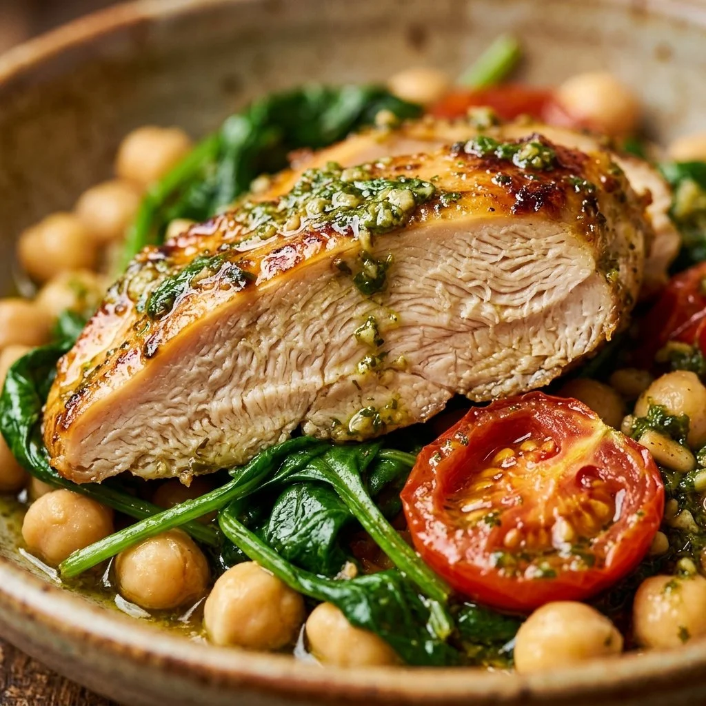 Pesto Chicken and Chickpea Bowl topped with fresh herbs and vegetables.