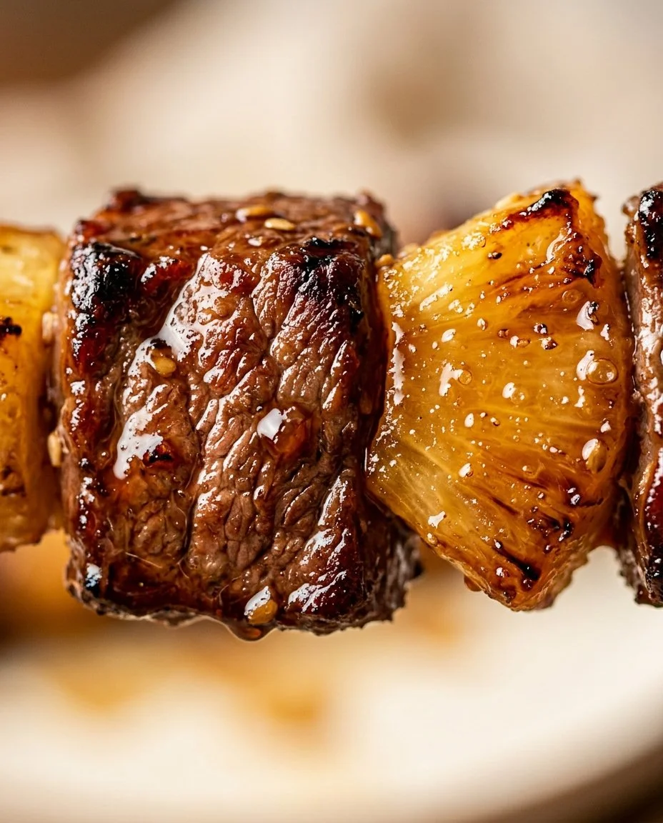 Delicious pineapple teriyaki steak kabobs on skewers, grilled to perfection.