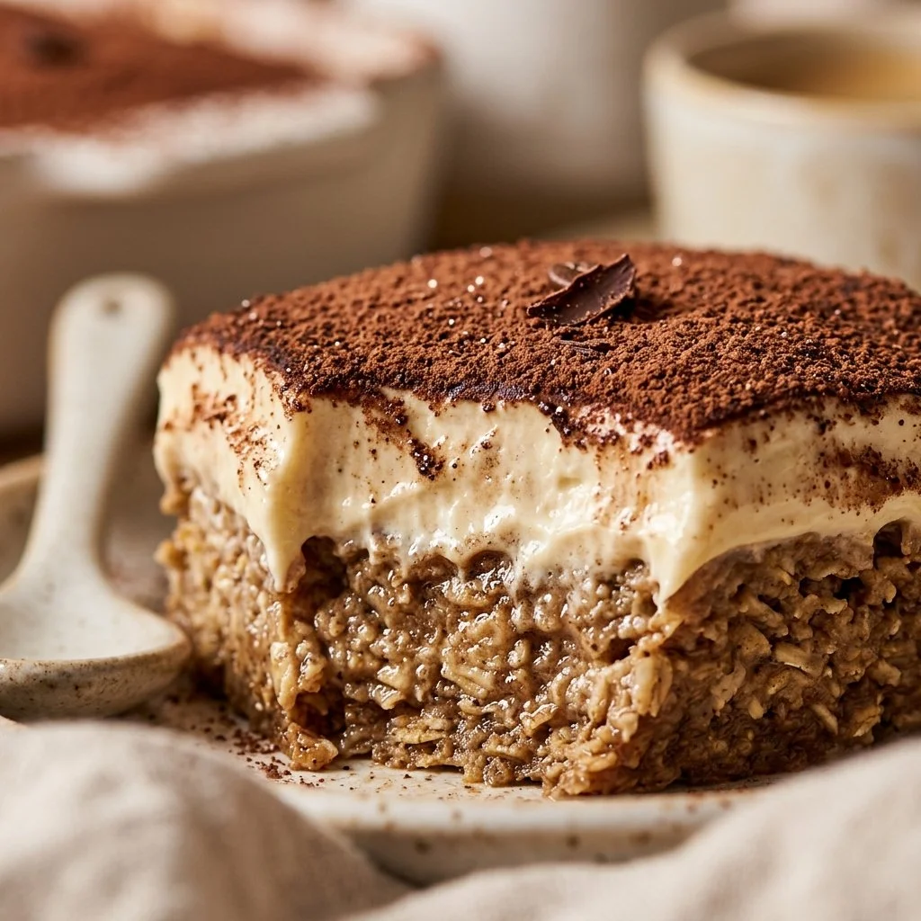 Protein Baked Oats Tiramisu topped with cocoa and cream in a bowl.