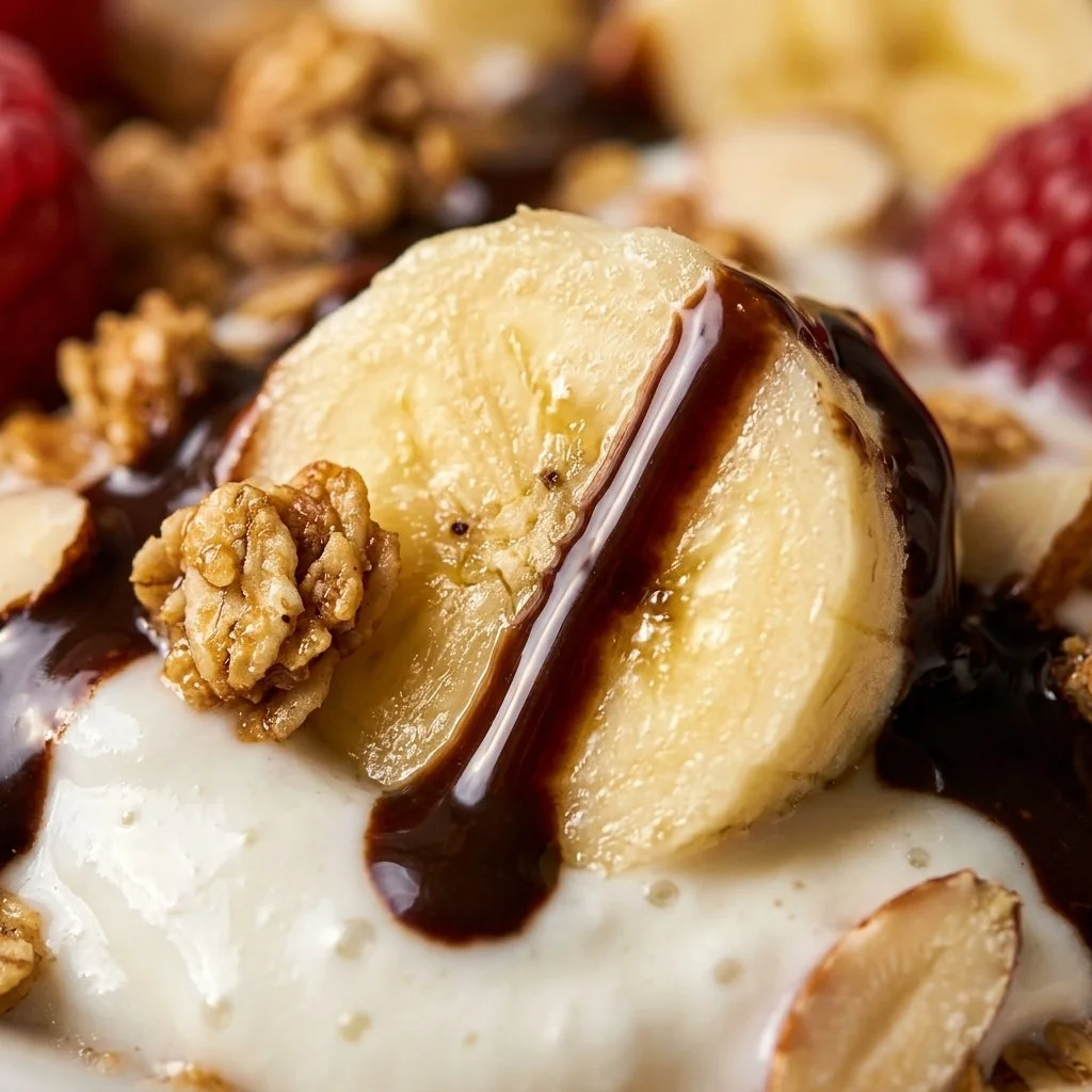 Delicious Protein Banana Split Bowl topped with nuts and chocolate sauce