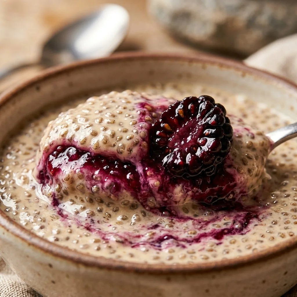 Protein Chia Pudding topped with Blackberry Jam in a bowl