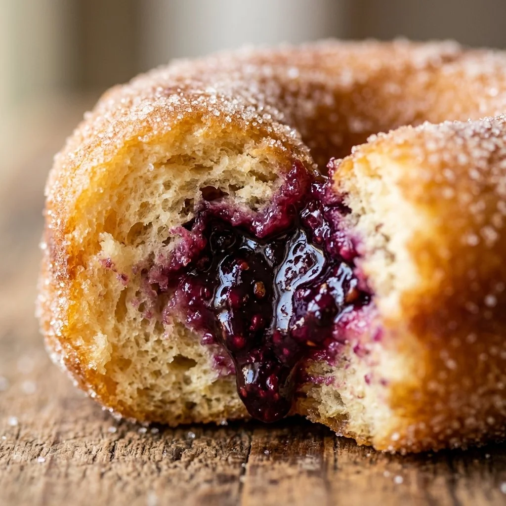 Protein donuts with blackberry jam on a plate