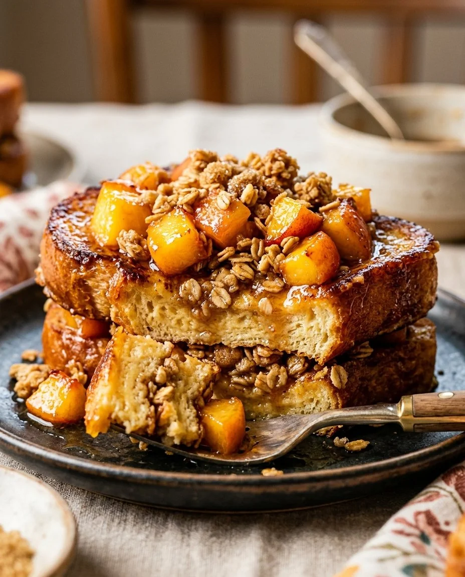 Plate of Protein French Toast topped with Peach Crumble and fresh peaches