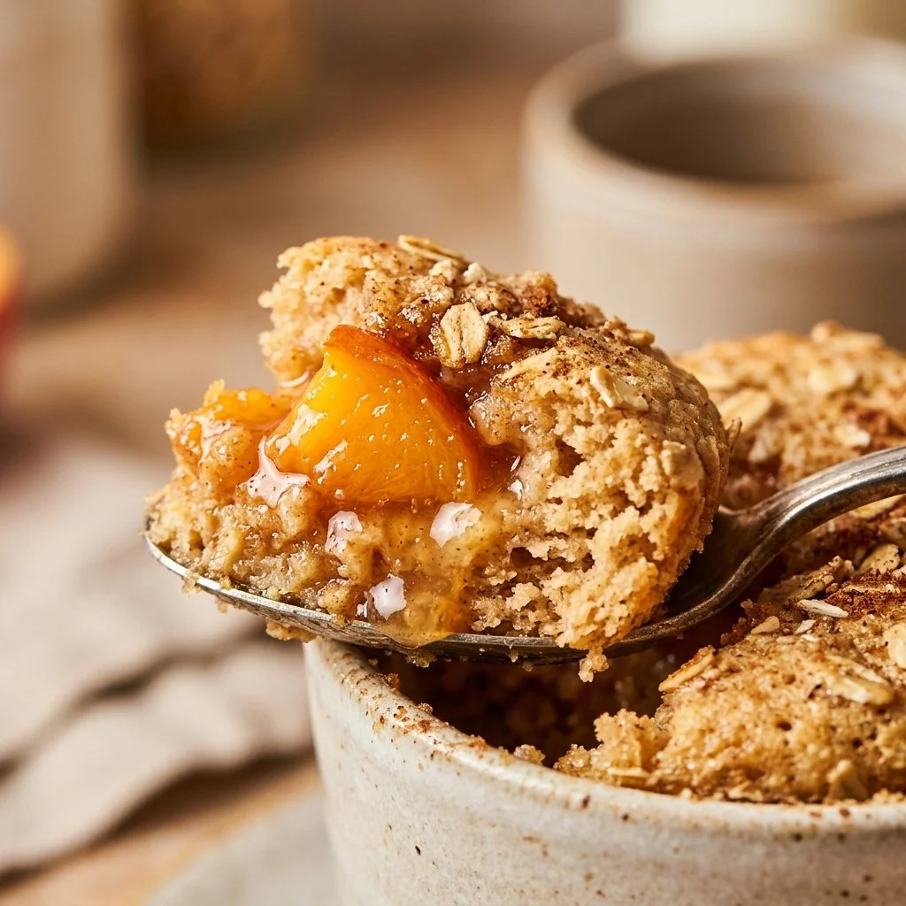 Protein Mug Cake with Peach Crisp Flavor served in a mug