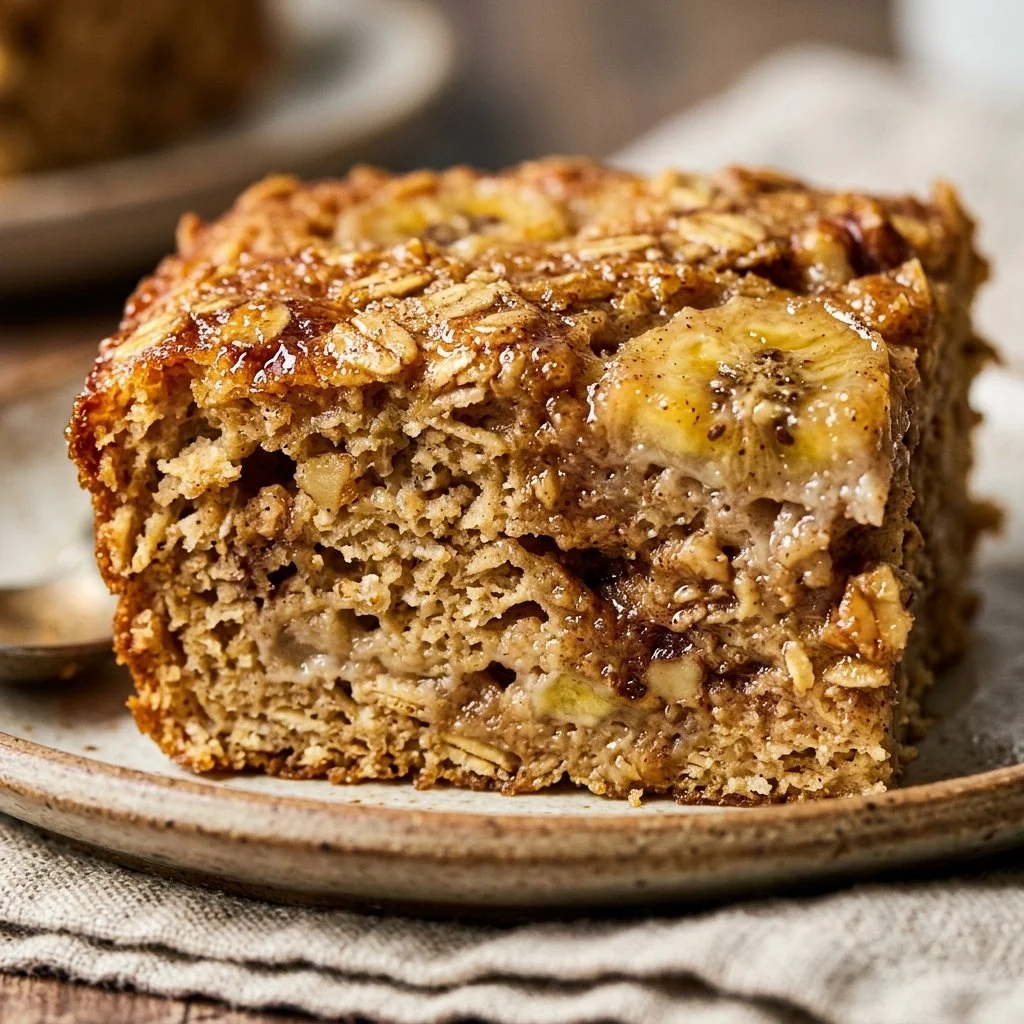 Protein-packed banana bread baked oats topped with nuts and banana slices
