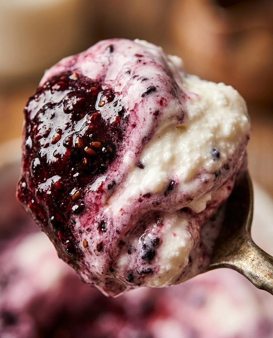 Protein-packed blackberry ice cream served in a bowl with fresh blackberries on top.