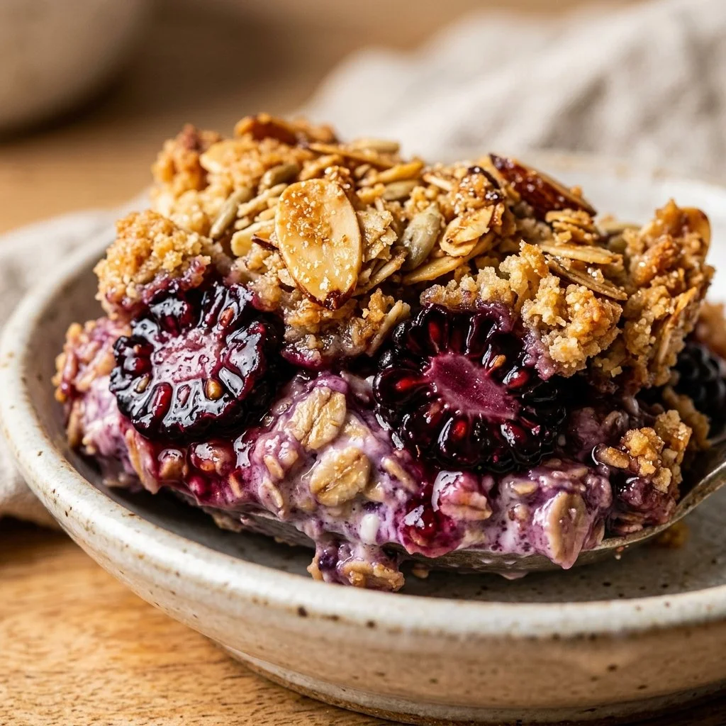 Delicious protein-packed blackberry oats crisp in a baking dish