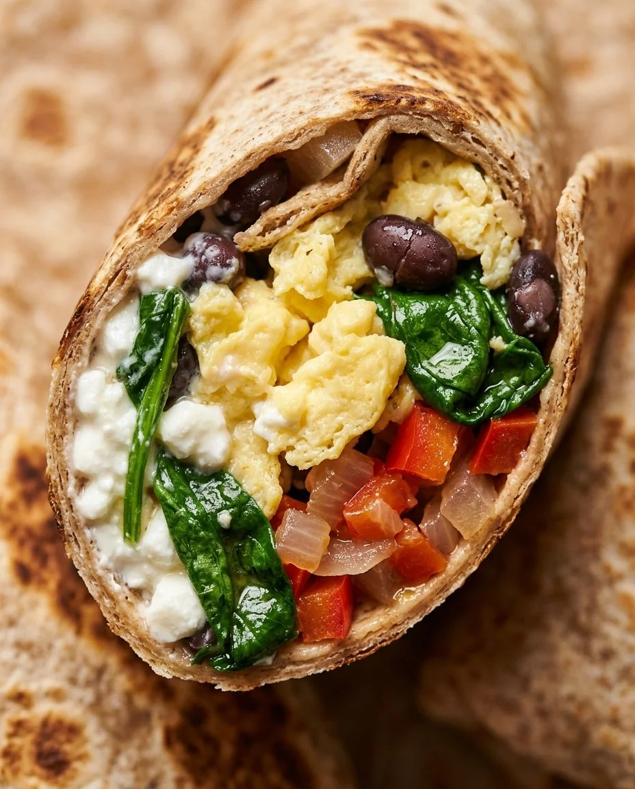 Protein-packed breakfast burritos ready to serve, filled with eggs, cheese, and vegetables.