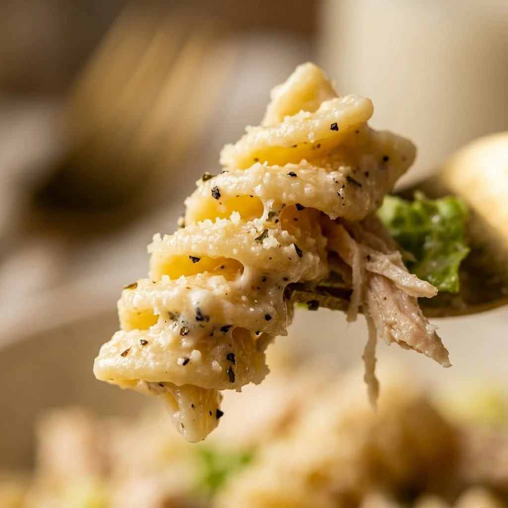 Protein-packed chicken caesar pasta salad with vegetables and dressing