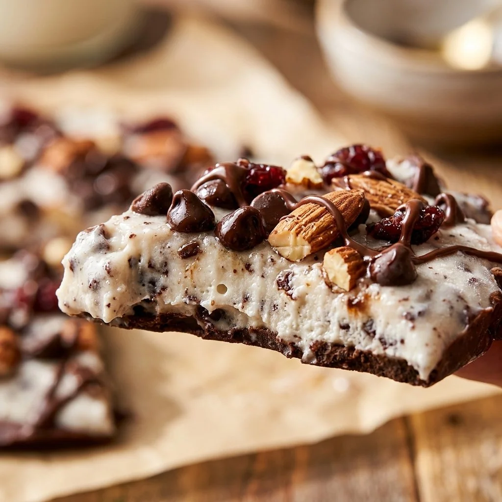 Protein-packed chocolate yogurt bark with toppings on a cutting board