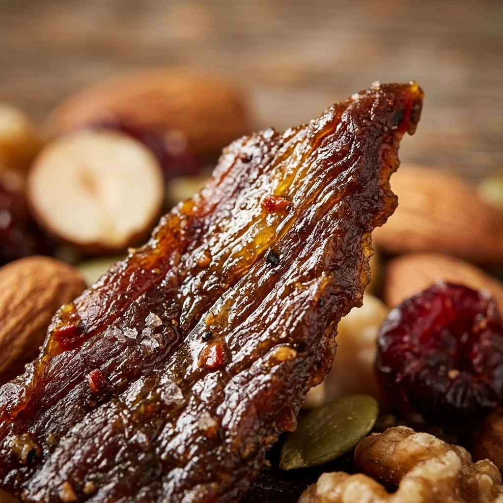 Protein-packed jerky trail mix with nuts and dried fruits