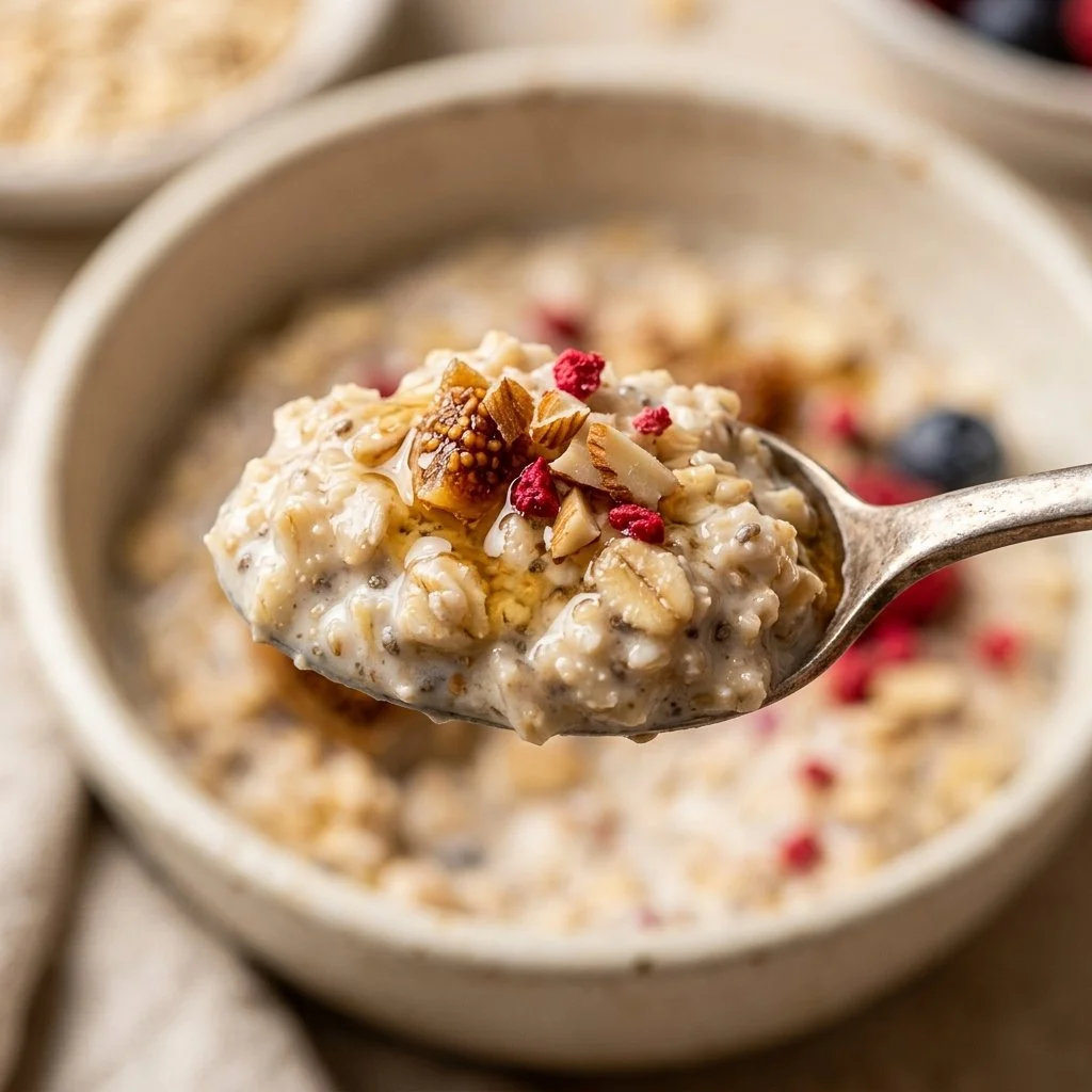 Protein-packed overnight oats with Greek yogurt, topped with fruits and nuts