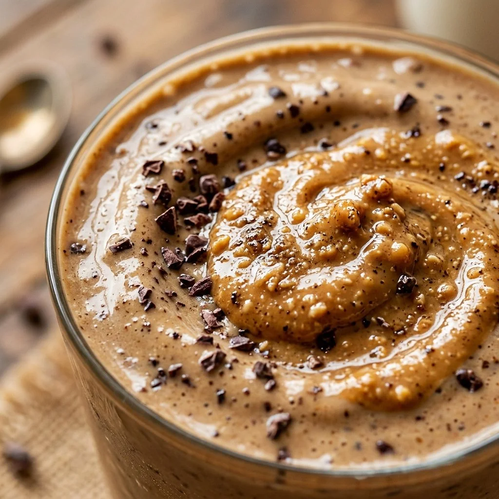 Protein-packed peanut butter coffee smoothie in a glass with coffee beans.