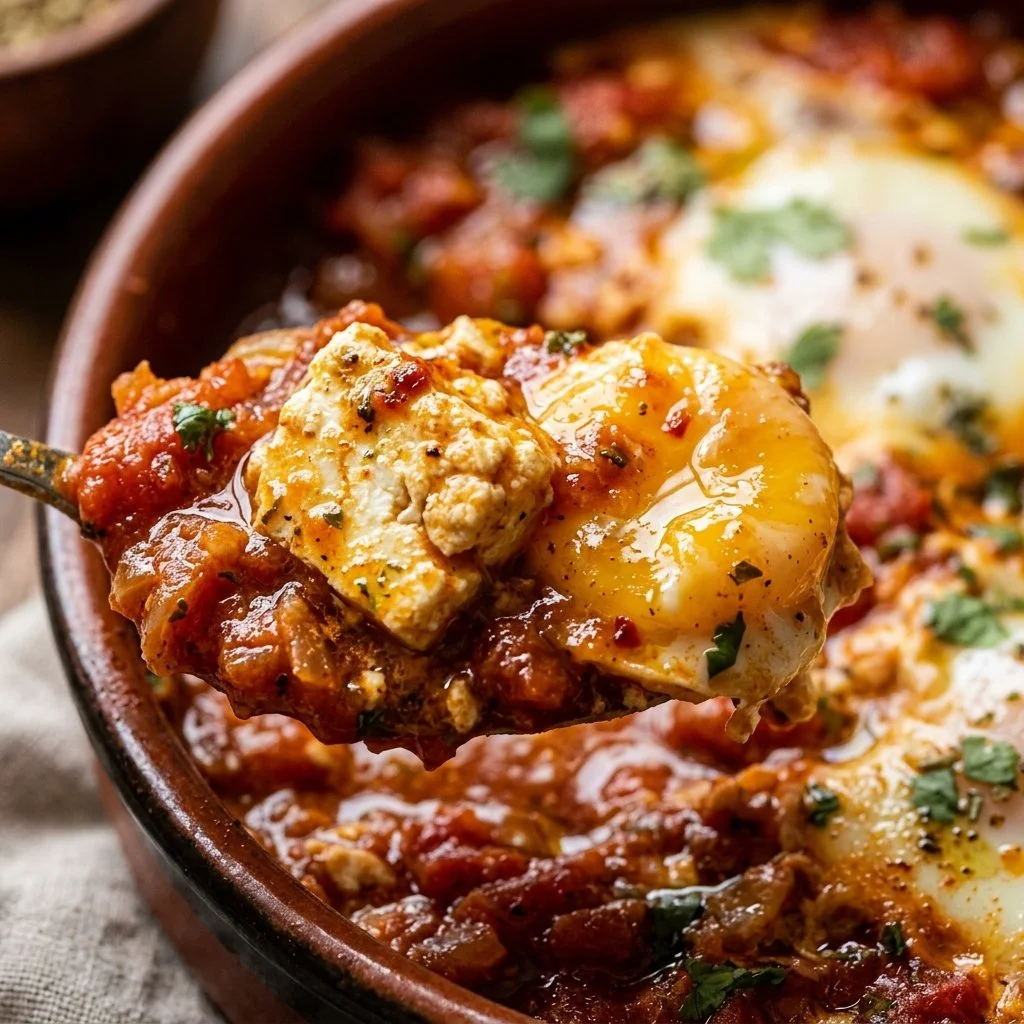 Delicious protein-packed shakshuka topped with feta cheese served in a skillet.