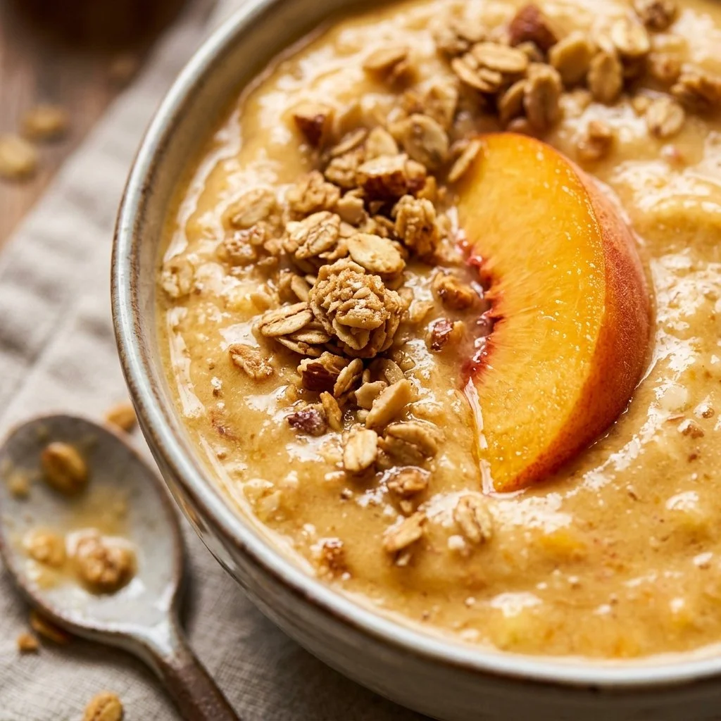 Delicious Protein Smoothie Bowl with Peach Crumble topped with fresh fruit and nuts