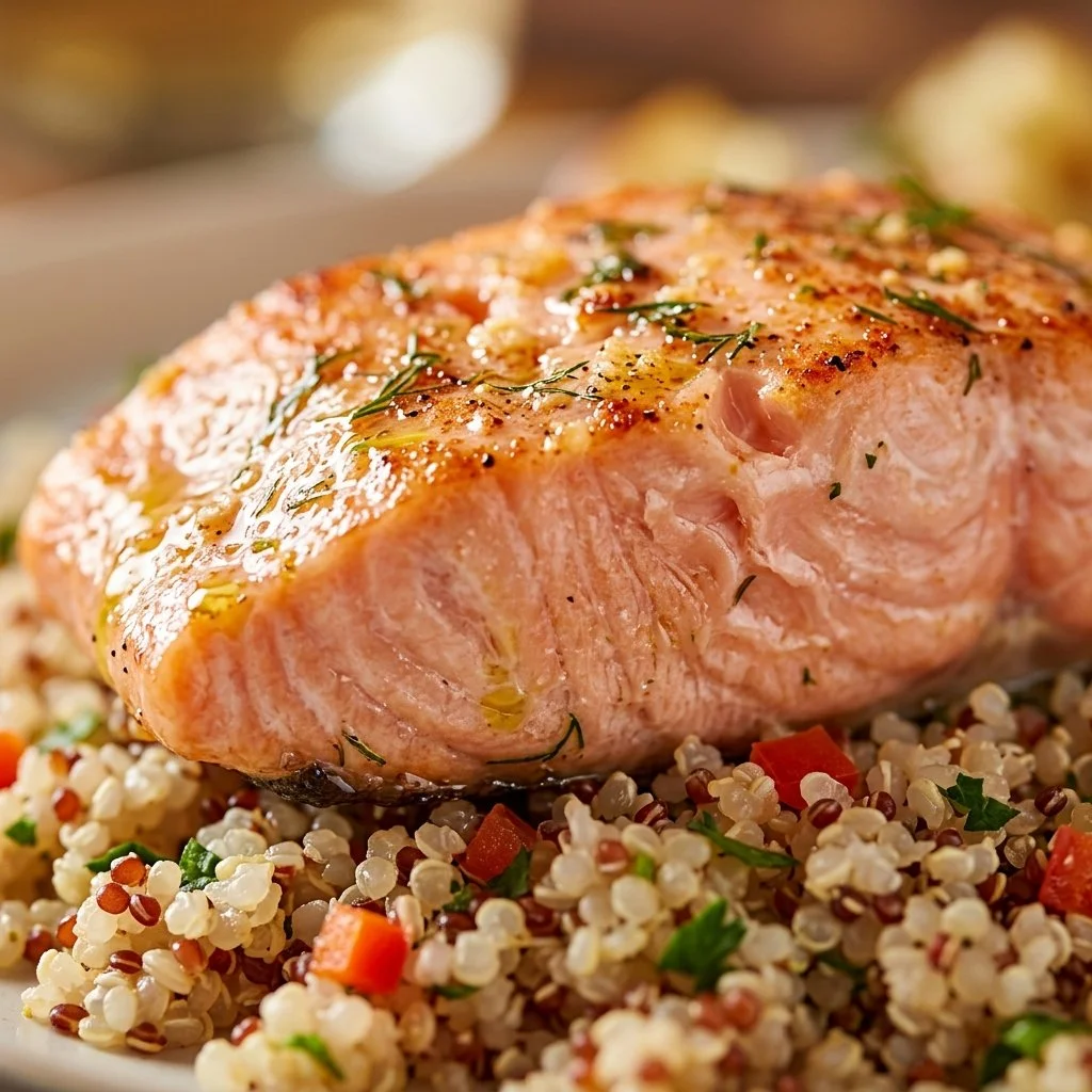 Air fryer salmon bites bowl with fresh ingredients and vibrant colors