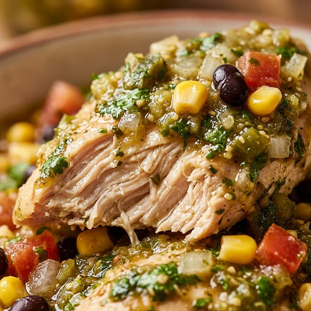 Skillet dish featuring tender Salsa Verde Chicken with vibrant green sauce.