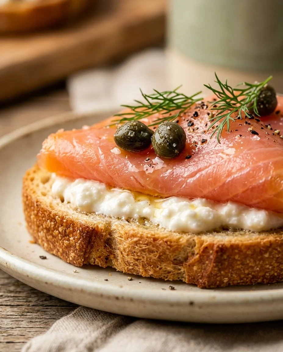 Smoked salmon cottage cheese toast topped with herbs and garnishes