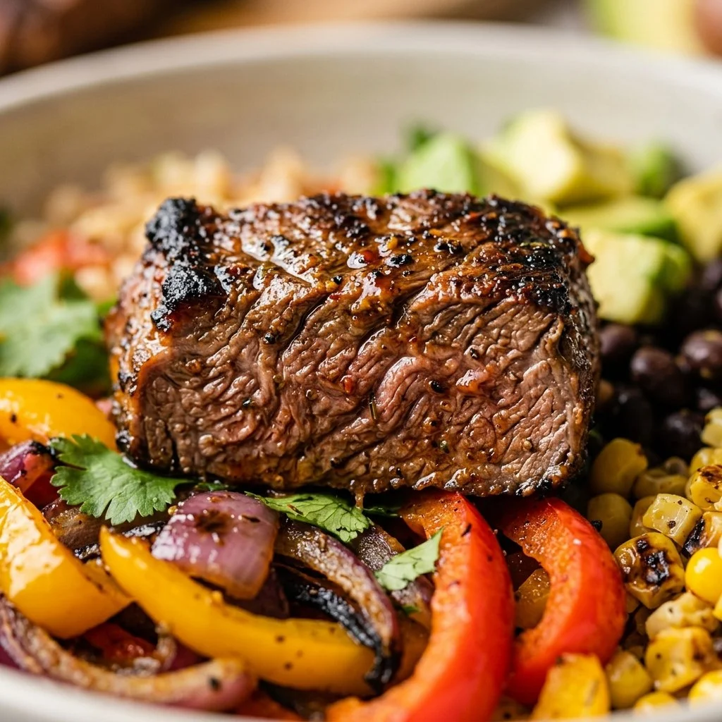 High-protein low-carb Steak Fajita Bowl with vibrant vegetables