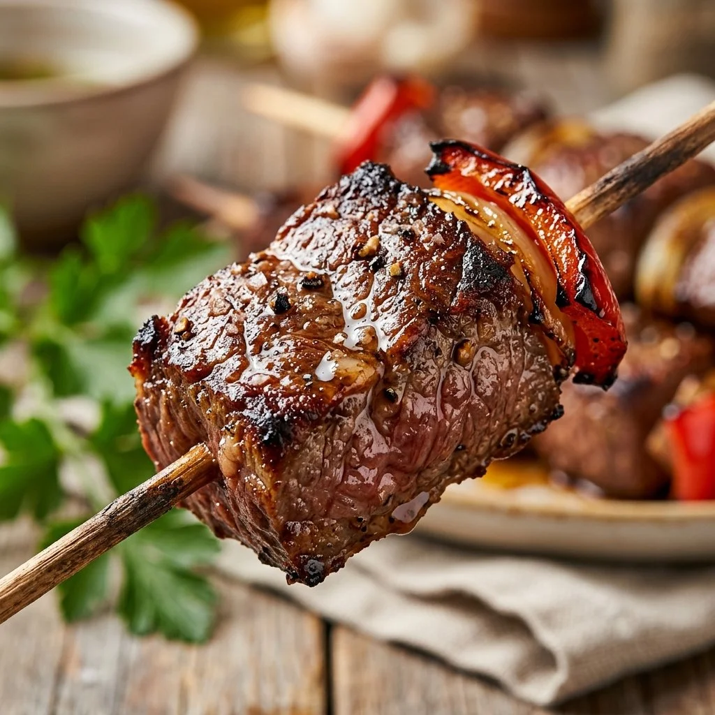 Delicious steak kabobs skewered with vegetables, perfect for summer grilling.